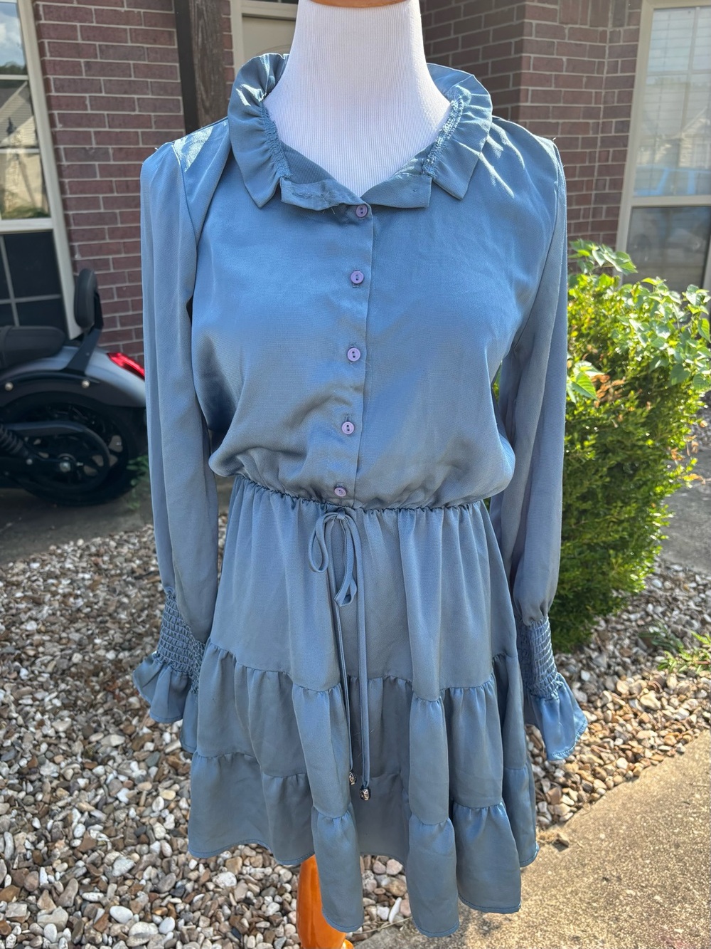 Karlie Dusty Blue Long-Sleeve Tiered Button Dress